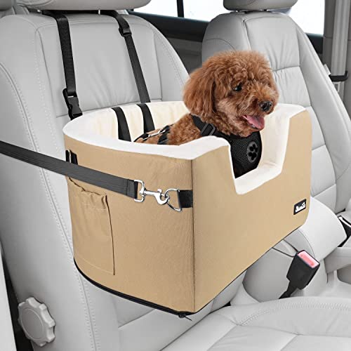 SlowTon Dog Car Seat for Small Dog, Elevated Lookout Booster Seat with Cushion and Safety Belt, Cover Removable Washable, Supports Pets Up to 18lbs