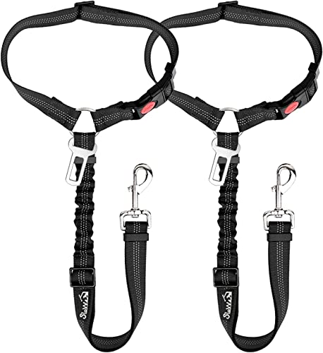 SlowTon Dog Seat Belt, 2 Pack Pet Car Seatbelt with Elastic Bungee Buffer, 2 in 1 Adjustable Seat Belt Headrest Restraint Reflective Puppy Safety Seat Belt Harness (Black-Dual Use)