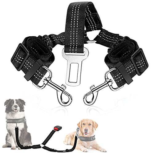 SlowTon Dog Seat Belt, Double Dog Seatbelt Adjustable Vehicle Safety Leash with Elastic Bungee Buffer, Reflective No Tangle Y Shape Two Dog Harness Seat Belt Splitter for Pets Car Trip (Black, M)