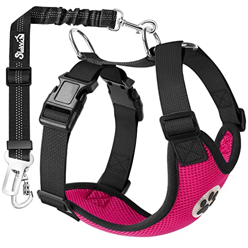 SlowTon Dog Seat Belt Harness for Car, Dog Seatbelt Adjustable Bungee with Safety Belt Clip Carabiner & Dog Vest Harness Padded Mesh Breathable for Small Medium Large Dogs Puppies Cats (Rose,M)