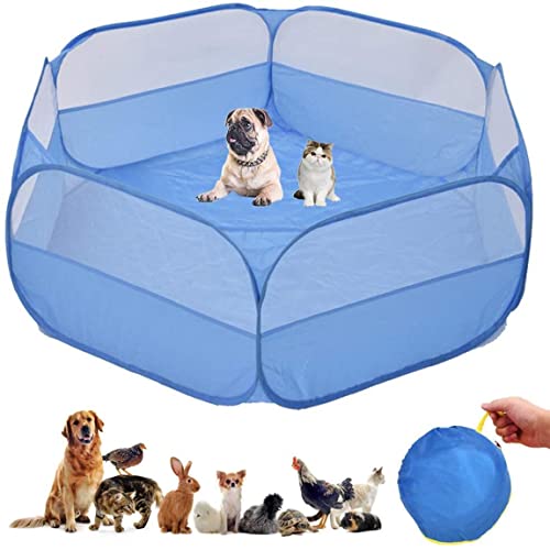 Small Animal Playpen,Portable Small Animal Cage Tent Breathable Pet Playpen Cage Tent Pop-Up Outdoor&Indoor Exercise Fence for Hamster Guinea Pig Rabbit Puppy Hedgehog (Blue no Cover)