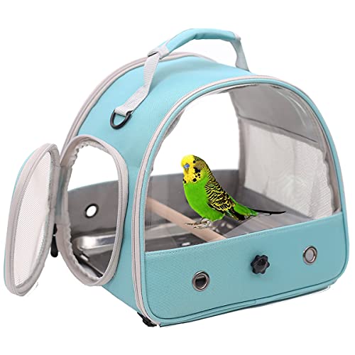 Small Bird Travel Carrier, Portable Parrot Budgie Conure Cockatiel Parakeet Carrier with Wood Standing Perch and Stainless Steel Tray, Side Access Window Collapsible Green