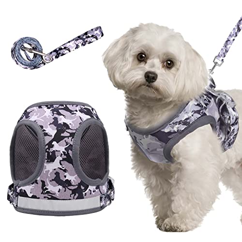 Small Dog Harness and Leash Set, Polyester Mesh Reflective Dog Vest Harness Adjustable Step-in No-Pull Pet Harness (M, Grey)