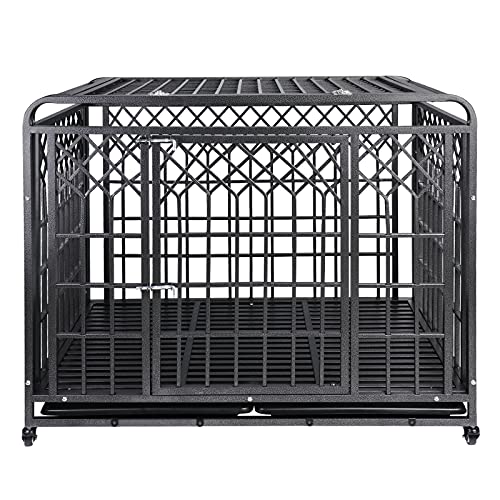 SMONTER 42" Heavy Duty Dog Cage Strong Metal Crate Round Corner Design Pet Kennel Playpen with Two Prevent Escape Lock-Large Dogs Cage with Wheels(Dark Silver)