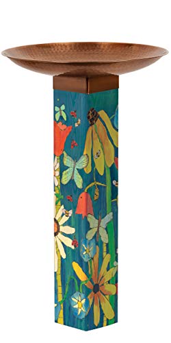 Studio M Earth Laughs in Flowers Bird Bath Art Pole Hand-Hammered Copper-Plated Stainless Steel Top, Hardware Included, Easy Installation, Printed in USA, 31 in. Tall with 18 in. Dia. Bowl