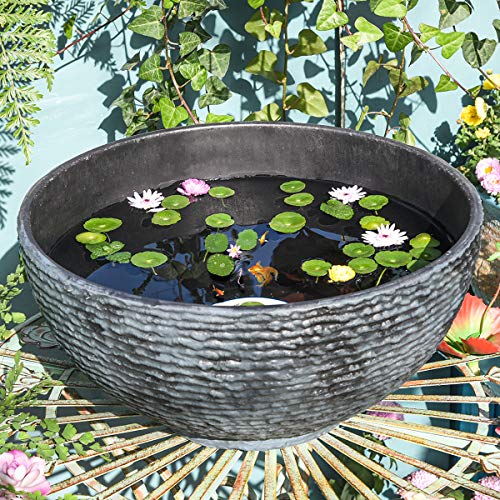 Sungmor Low Bowl Planter Large Garden Bowl Succulent Pot Planter, 15.6 Inch Hydroponic Planter Bowl, Water Lily Container Outdoor Fountain Bowls, Marble Texture Mini Fish Pond Bird Bath