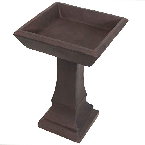 Sunnydaze Simply Square 23-Inch H Glass Fiber Reinforced Concrete Bird Bath - Brown