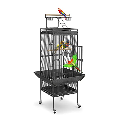 SUPER DEAL PRO 61-inch 2in1 Large Bird Cage with Rolling Stand Playtop Parrot Chinchilla Finch Cage Macaw Conure Cockatiel Cockatoo Pet House Wrought Iron Birdcage, Black