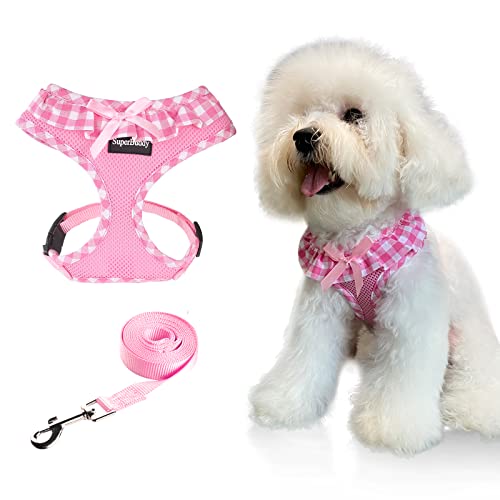 SuperBuddy Upgraded Soft Mesh Dog Harness, Super Breathable Lightweight Pet Harnesses for Puppy Dogs Outdoor Walking, Pink Dog Harness and Dog Leash Set Packing -Small