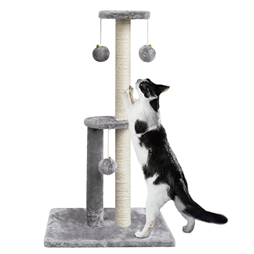 SYANDLVY 29" Tall Cat Scratching Post, Kitten Scratcher with Sisal Rope, Scratch Tree with Hanging Balls for Indoor Cats (Light Grey)