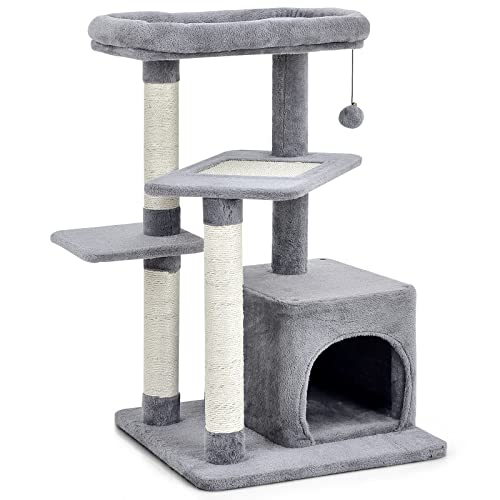 Tangkula Cat Tree for Indoor Large Cats, 33.5” Multi-Level Small Cat Tower W/Scratching Posts, Top Perch, Jingling Fur Ball, Jumping Platform, Cute Cat Condo Cat Activity Tree for Play Rest(Grey)