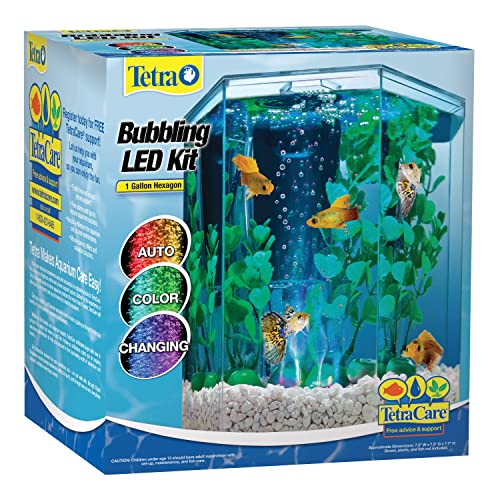 Tetra Bubbling LED Aquarium Kit 1 Gallon, Hexagon Shape, With Color-Changing Light Disc,Green