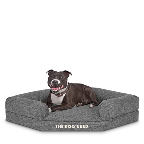 The Dog’s Bed Orthopedic Memory Foam Waterproof Corner Dog Bed, Medium, Grey Linen, Eases Arthritis & Hip Dysplasia Pain, Therapeutic & Supportive, Washable Linen Fabric Cover