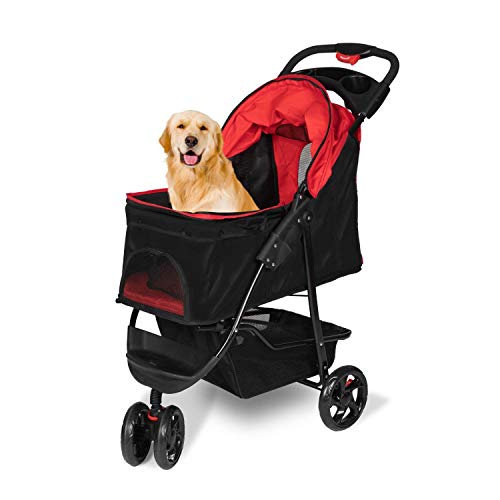 Three Wheel Pet Stroller Portable Pet Carrier Stroller for Dogs Cats Pet Cart with Storage Basket and Cup Holders, Red