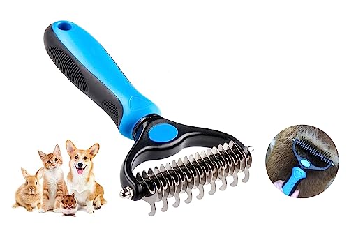 Thstheaven Pet Grooming Brush & Nail Clippers Trimmers - Double Sided Shedding and Dematting Undercoat Rake Comb for Dogs and Cats - Safe Dematting Comb for Easy Mats & Tangles Removing (Blue), Large