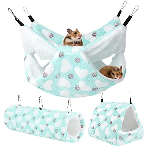 Tiibot 3 Pieces Small Pet Cage Accessories Small Pet Cage Hammock Hanging Tunnel and Bed Hideout Set Guinea Pig Cage Bedding Hanging Bed Cage and Hideout Tunnel for Hamster Squirrel Rabbit