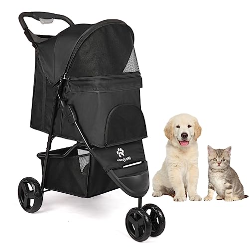 Timati Dog Stroller 3 Wheels Pet Stroller Foldable Dog Cat Carrier Strolling with Brake, Canopy, Cup Holders and Bottom Storage Space (Black)