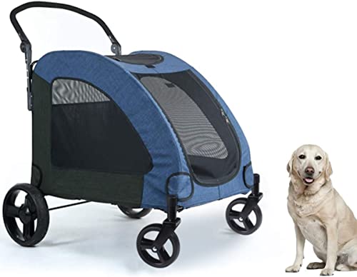 Totoro ball 4 Wheel Dog Stroller for Large or 2 Dogs for Jogger Wagon Foldable Travel Carriage Can Easily Walk in/Out Up to 120 lbs (Blue)