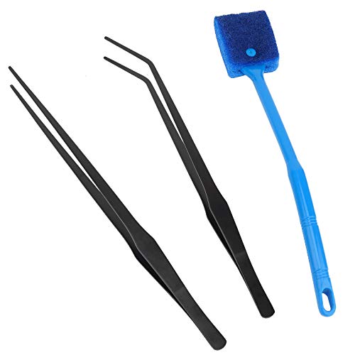 Trabulate zhuohua 15 inch Black Straight and Curved Stainless Steel Aquarium Tweezers and Aquarium Algae Scraper Double Sided Sponge Long Brush for Fish Tank Plant Aquascape Tools, Feeding Tongs
