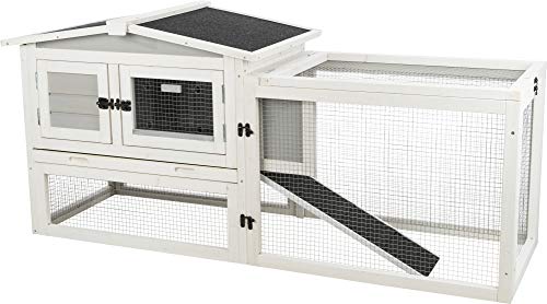 TRIXIE Natura Insulated Rabbit Hutch with Large Run, Hinged Peaked Roof, 2-Story with Ramp, for Rabbits or Guinea Pigs, Gray/White
