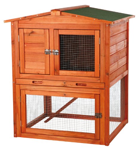 TRIXIE Natura Single Rabbit Hutch with Run, 2-Story with Ramp, Pull-Out Tray, Hinged Peaked Roof, for Rabbits or Guinea Pigs Small