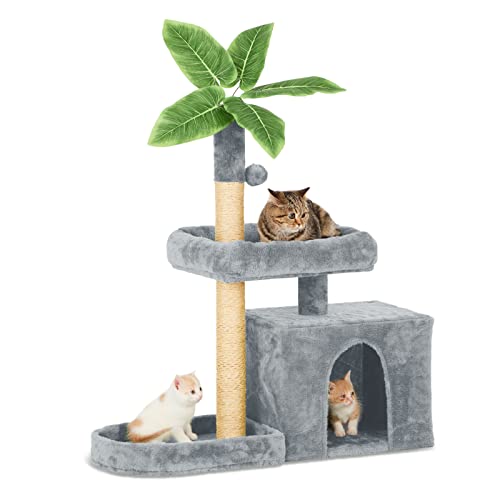 TSCOMON 31.5" Cat Tree Cat Tower for Indoor Cats with Green Leaves, Cat Condo Cozy Plush Cat House with Hang Ball and Leaf Shape Design, Cat Furniture Pet House with Cat Scratching Posts, Grey