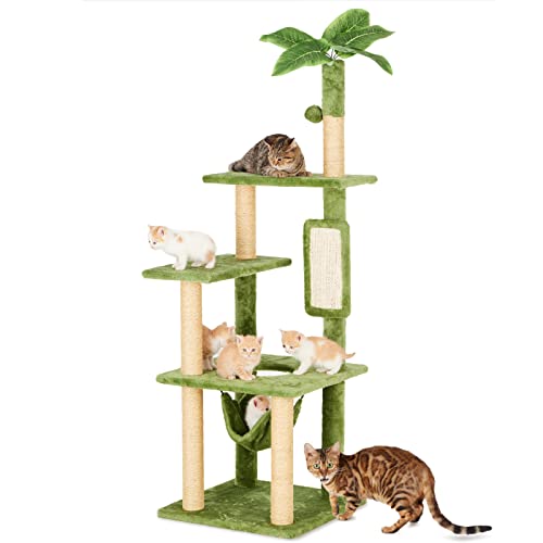 TSCOMON 55" Cat Tree for Indoor Cats with Green Leaves, Multi-Level Large Cat Tower for Indoor Cats with Hammock, Plush Cat House with Hang Ball Toy and Cat Sisal Scratching Posts Cat Furniture, Green