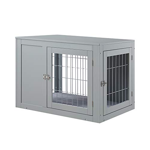 unipaws Furniture Style Dog Crate End Table with Cushion, Wooden Wire Pet Kennels with Double Doors, Medium Dog House Indoor Use