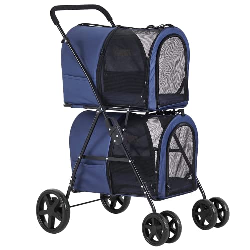 VIAGDO Dog Strollers for Small Medium Dogs, Double Cat Strollers for 2 Cats, 4-in-1 Small Doggy Pet Stroller, 2 Detachable Carriers, 4 Lockable Wheels, Pet Travel Cart, Folding Trolley, Navy Blue