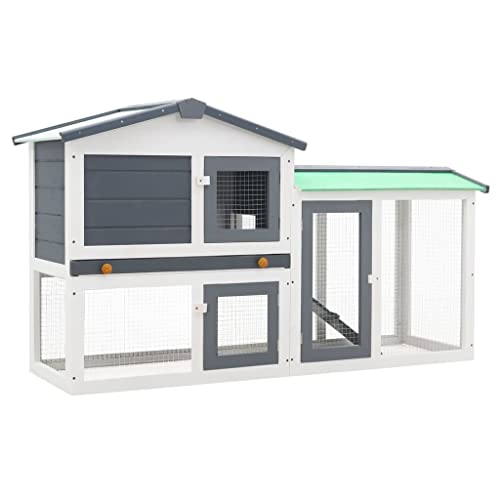 vidaXL Rabbit Hutch, Bunny Cage with Pull Out Tray and Ladder, Rabbit Enclosure for Outdoor, Pet House for Small Animals, Gray and White Wood