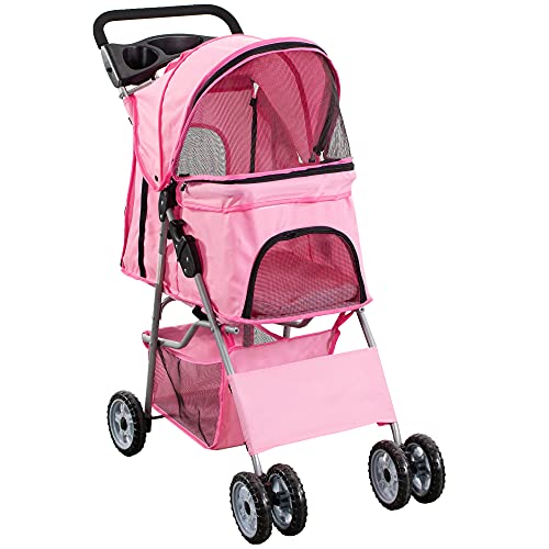 VIVO Pink 4 Wheel Pet Stroller for Cat, Dog and More, Foldable Carrier Strolling Cart, STROLR-V001N