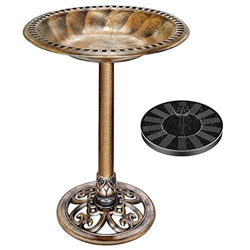 VIVOHOME Polyresin Antique Outdoor Golden Garden Bird Bath and Solar Powered Round Pond Fountain Combo Set