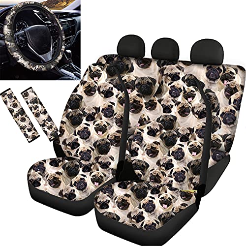 Wanyint Cute Pug Print Car Seat Cover for Front Rear Seats Fashion Animal Pet Universal Car Steering Wheel Cover Seat Belt Shoulder Strap Pads, SUV Truck Van Sedans Soft Washable Comfortable