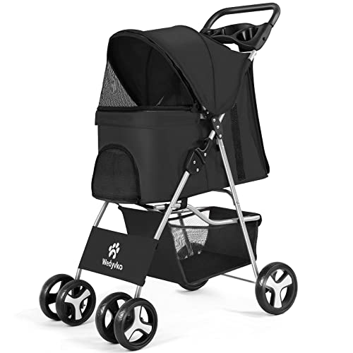 Wedyvko Pet Dog Stroller, 4 Wheel Foldable Cat Dog Stroller with Storage Basket, Handle 360° Front Wheel Rear Wheel with Brake for Small Medium Dogs & Cats (Black)