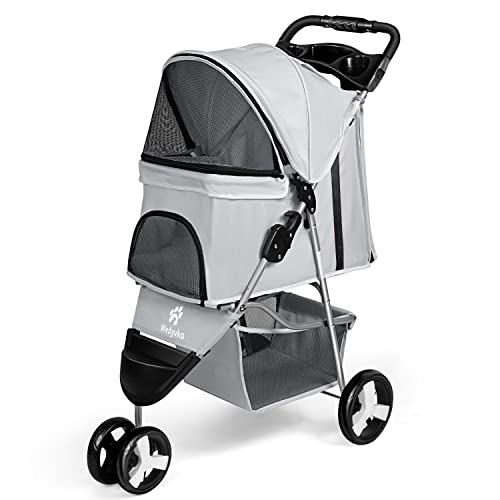 Wedyvko Pet Stroller, 3 Wheel Foldable Cat Dog Stroller with Storage Basket and Cup Holder for Small and Medium Cats, Dogs, Puppy (Grey)
