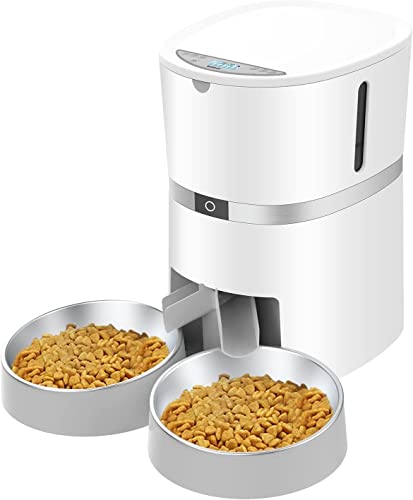 WellToBe Automatic Cat Feeder, Pet Feeder Food Dispenser for Cat & Small Dog with Two-Way Splitter and Double Bowls, up to 6 Meals with Portion Control, Voice Recorder - Battery and Plug-in Power