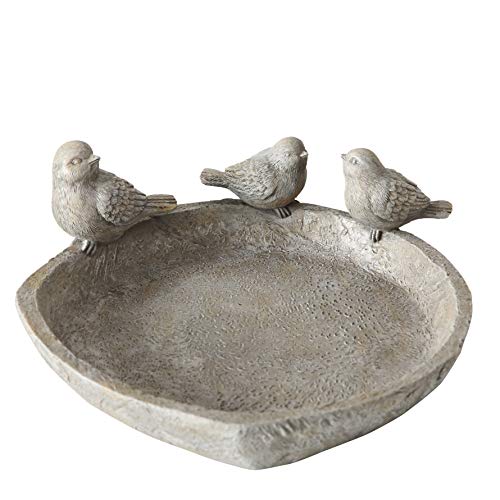 WHW Whole House Worlds Bird Bath Bowl with 3 Sparrow Rim, Grey Faux Stone Finish, Basin, Poly Resin, 7.5 Inch Diameter at Widest Point, (19 cm) Garden Decor
