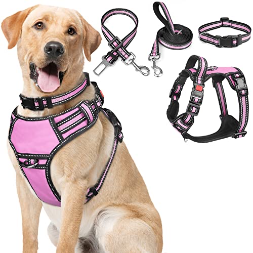 WINSEE 4 in 1 Dog Harness with Leash Set, Pet Harness No Pull for Large Dog with Collar and Safety Belt, Double Sided Reflective Strip, Adjustable Dog Car Harness with Soft Padded Handle