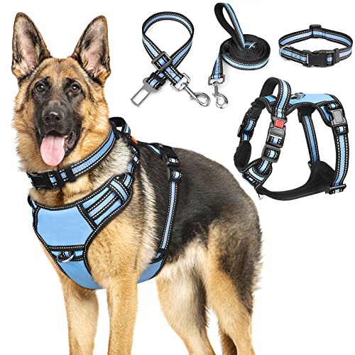 WINSEE 4 in 1 Dog Harness with Leash Set, Pet Harness No Pull for Large Dog with Collar and Safety Belt, Double Sided Reflective Strip, Adjustable Dog Car Harness with Soft Padded Handle