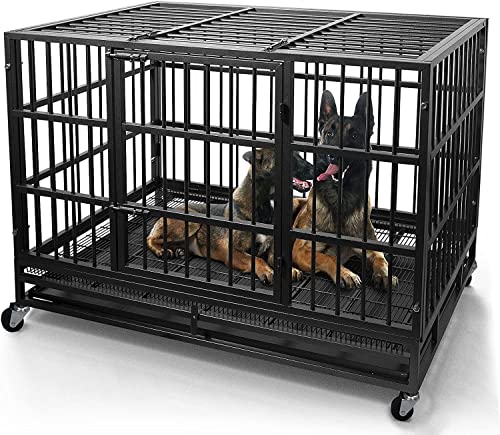 WOKEEN 48/38 Inch Heavy Duty Indestructible Dog Crate Cage Kennel with Wheels, High Anxiety Dog Crate, Sturdy Locks, Double Door and Removable Tray Design, Extra Large XL Dog Crate.