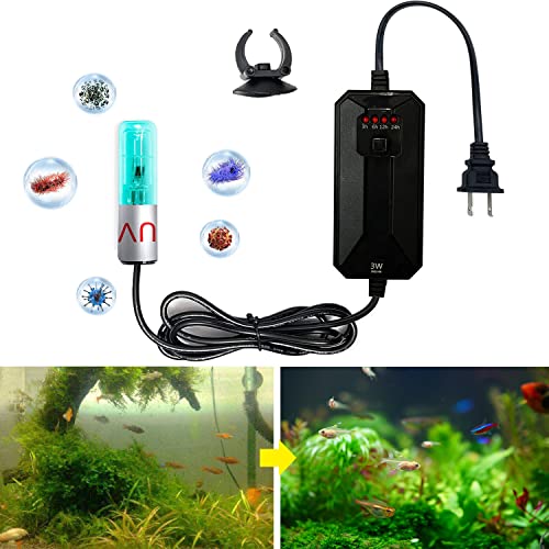 XIEHUZA Aquarium Clean Light with Timer, 3W Mini U-V Algae Clear Submersible Use in Filter Area Green Clear Lamp, Aquarium Water Bloom Clean Waterproof Light for Pond Fish Tank Sump Swim Pool