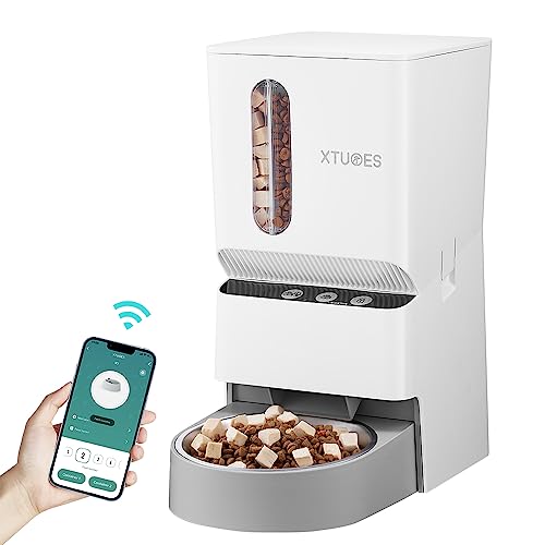 XTUOES Automatic Cat Feeder, 5L Automatic Cat Food Dispenser 2.4G WiFi with Dual Hoppers for 2-18mm Freeze-Dried and Dry Food, 1-10 Meals & 30s Voice Record Timed Auto Feeder for Cat Dog Pet