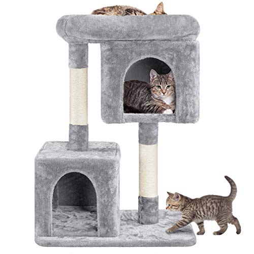 Yaheetech 33.5in Cat Tree Tower for Indoor Cats w/2 Cozy Plush Condos, Oversized Perch & Sisal Scratching Posts, Stable Cat Stand House for Large Cats & Pets, Light Gray