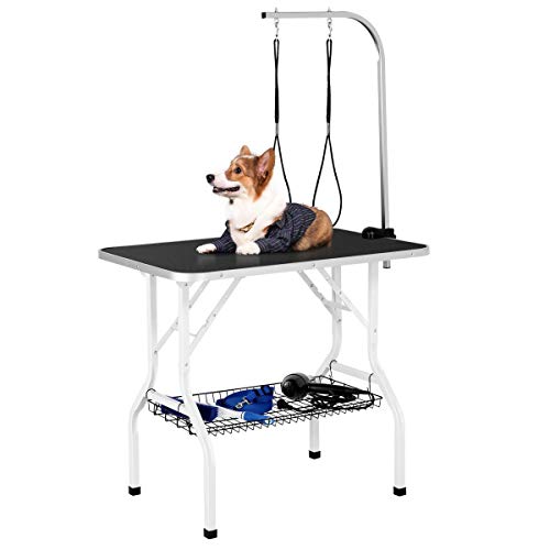 Yaheetech 36'' Dog Grooming Table, Pet Foldable Grooming Table w/Double Loops/Mesh Tray/ Adjustable Arm, Black