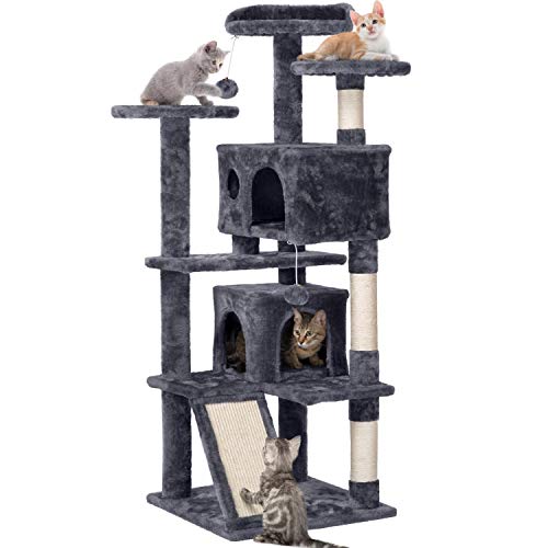 Yaheetech 55 inches Cat Tree for Indoor Cats, Multi-Level Cat Tower w/ 3 Padded Perches, 2 Cat Condos, 2 Hanging Balls and Scratching Posts, Dark Gray