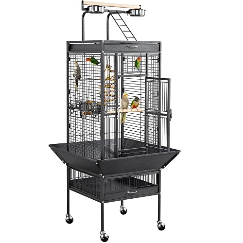 Yaheetech 61-inch Playtop Wrought Iron Large Parrot Bird Cages with Rolling Stand for Cockatiels Amazon Parrot Quaker Conure Parakeet Lovebird Finch Canary Small Medium Parrot Cage Birdcage, Black