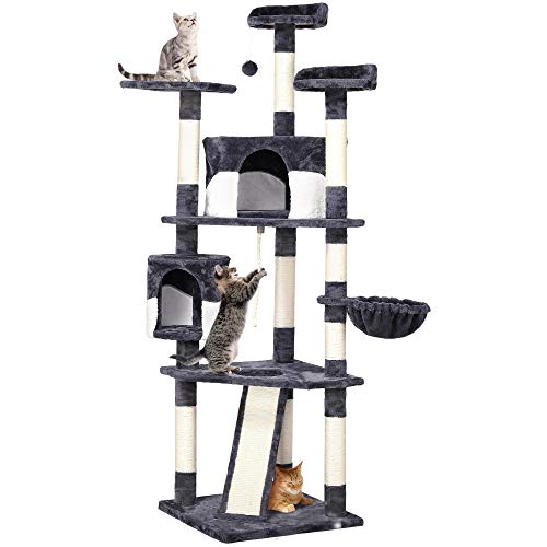 Yaheetech 79in Multi-Level Cat Trees Indoor Cat Tower with Sisal-Covered Scratching Posts, Plush Perches and Condo for Kittens, Cats and Pets - Dark Gray and White