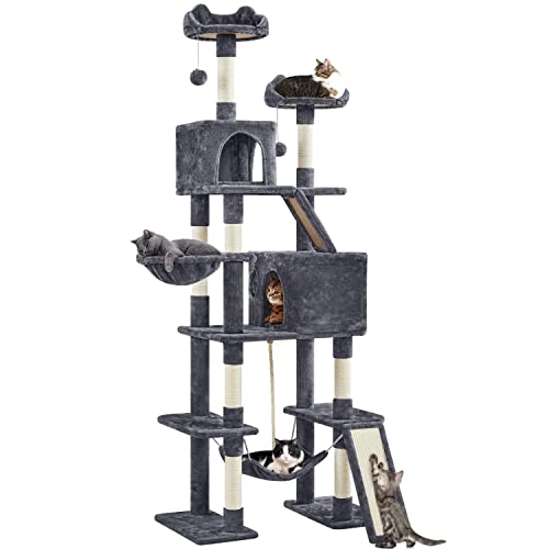 Yaheetech 82.5in Large Cat Tree, Multi Level Cat Tower w/ 2 Cozy Condos, 2 Cat-Ear Perches, Scratching Posts, Hammock, Basket, Cat Furniture for Indoor Cats, Kittens, Dark Gray