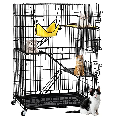 Yaheetech Collapsible Large 3-Tier Metal Wire Pet Cat Kitten Ferret Chinchilla Cage Playpen Crate Enclosure Kennel Cat Home on Wheels Indoor Outdoor 3X Ramp Ladders/1x Hammock