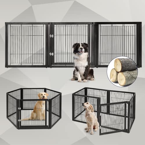 YOLENY 32'' Pet Playpen with Solid Wood and Wire, 6 Panels Freestanding Dog Gate with Walk Through Door, Safety Fence Pen Playpen for Dogs Cats Pets, Black